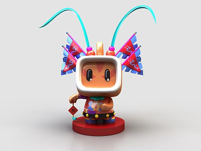Cute Cartoon Sculpture Carving With Blue Antenna Red Base And Decorative Flags 3d model