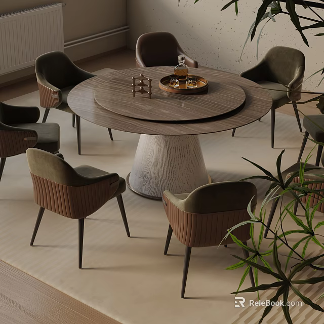 Elegant Dining Table Set with Round Rotating Tray Textured Pedestal Base and Dark Green Chairs 3d model 