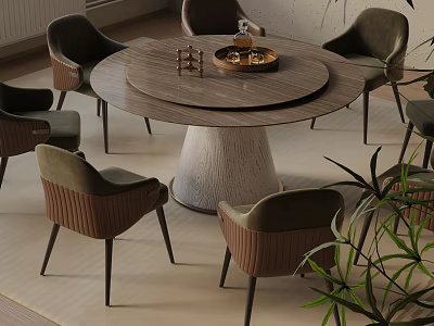 Elegant Dining Table Set with Round Rotating Tray Textured Pedestal Base and Dark Green Chairs 3d model