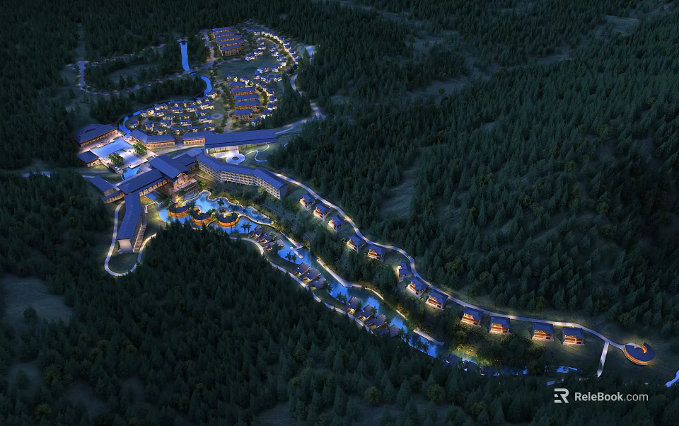 Aerial View Planning of Resort Complex With Forest Surroundings and Illuminated Buildings 3d model 