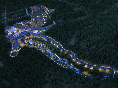Aerial View Planning of Resort Complex With Forest Surroundings and Illuminated Buildings 3d model