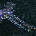 Aerial View Planning of Resort Complex With Forest Surroundings and Illuminated Buildings