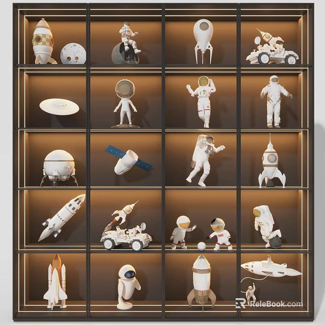 Space Themed Decorative Cabinet Displaying Astronaut Figurines Rocket Models And Collectibles 3d model 