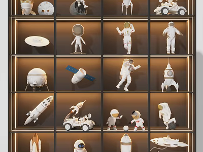 Space Themed Decorative Cabinet Displaying Astronaut Figurines Rocket Models And Collectibles 3d model