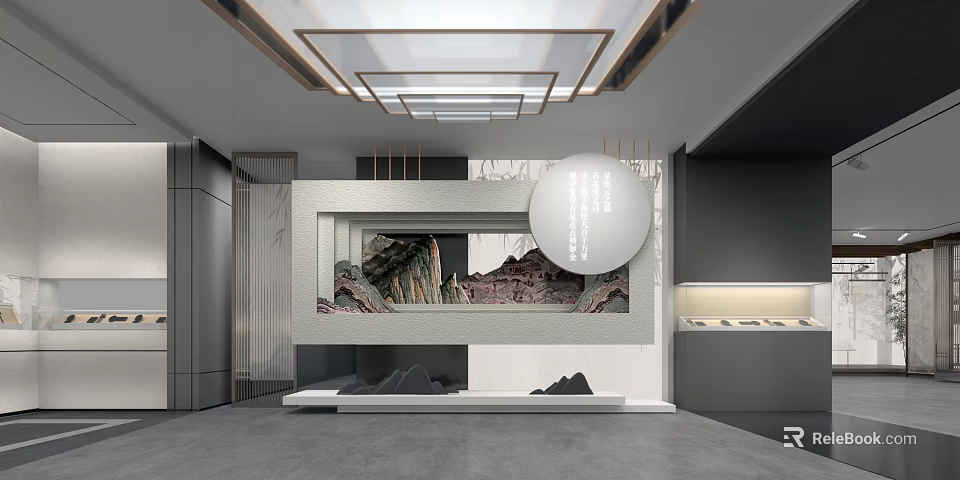 Modern Interior Design Featuring Landscape Painting Gray Flooring And Wooden Ceiling Lines 3d model 