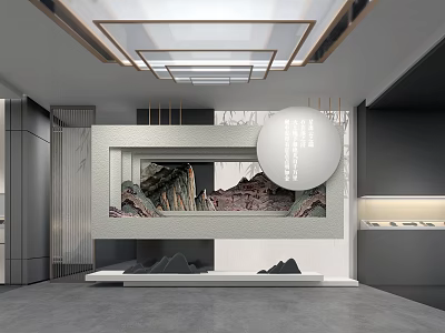 Modern Interior Design Featuring Landscape Painting Gray Flooring And Wooden Ceiling Lines 3d model