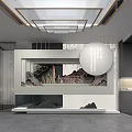 Modern Interior Design Featuring Landscape Painting Gray Flooring And Wooden Ceiling Lines