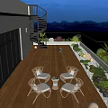 Roof Garden With Wooden Deck Outdoor Dining Set Lush Greenery Spiral Staircase And Night Lighting