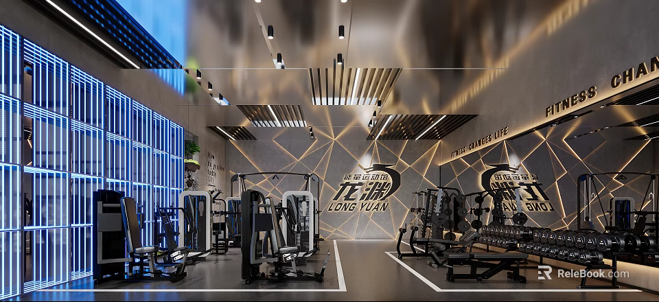 Modern Gym Interior With Long Yuan Brand Fitness Equipment Spacious Area And Professional Lighting 3d model 