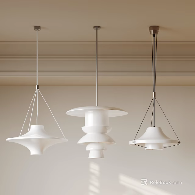 Modern White Pendant Lights With Various Minimalist Designs Hanging From Ceiling 3d model