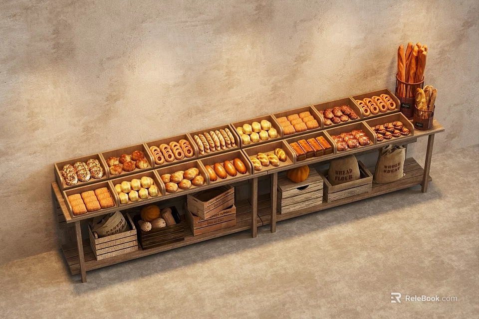 Bakery Display Shelf with Various Bread Pastries Buns and Loaves in Wooden Baskets 3d model 