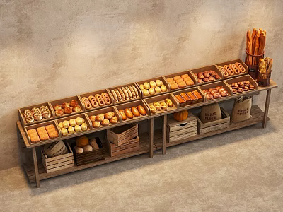 Bakery Display Shelf with Various Bread Pastries Buns and Loaves in Wooden Baskets 3d model