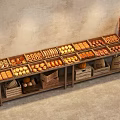 Bakery Display Shelf with Various Bread Pastries Buns and Loaves in Wooden Baskets