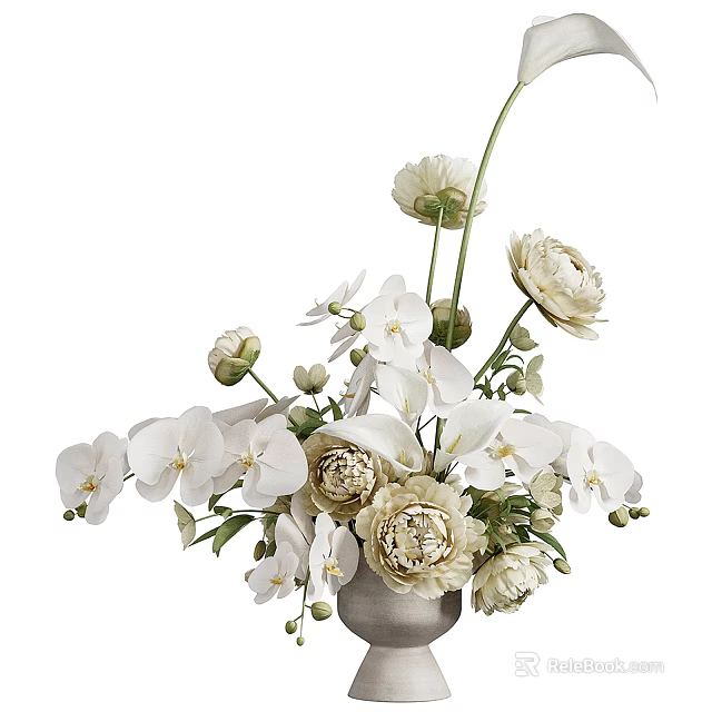 White Orchids and Cream Ranunculus in Ceramic Vase with Green Leaves and Flower Buds 3d model 
