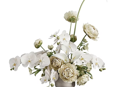 White Orchids and Cream Ranunculus in Ceramic Vase with Green Leaves and Flower Buds 3d model