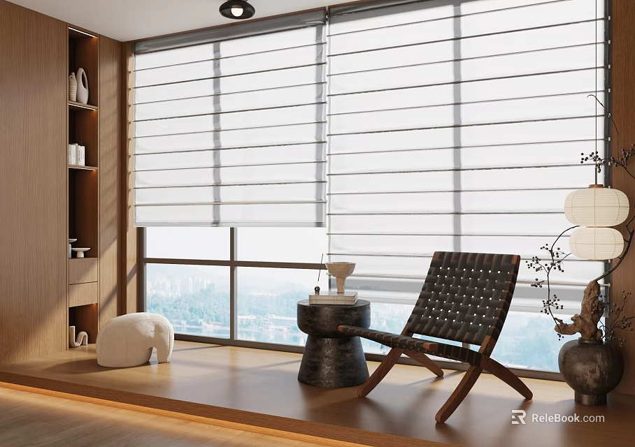 Home Balcony Interior With Roller Blinds Leather Chair Wooden Side Table And City View 3d model 