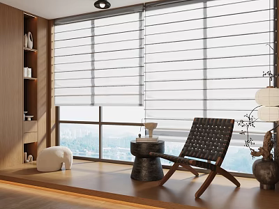 Home Balcony Interior With Roller Blinds Leather Chair Wooden Side Table And City View 3d model
