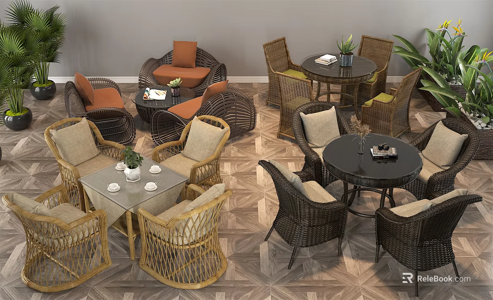 Outdoor Wicker Table Set with Beige Orange Cushioned Chairs and Plants on Geometric Tiled Floor 3d model 