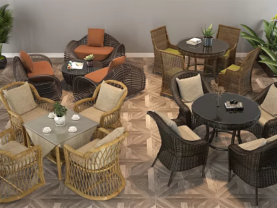 Outdoor Wicker Table Set with Beige Orange Cushioned Chairs and Plants on Geometric Tiled Floor 3d model