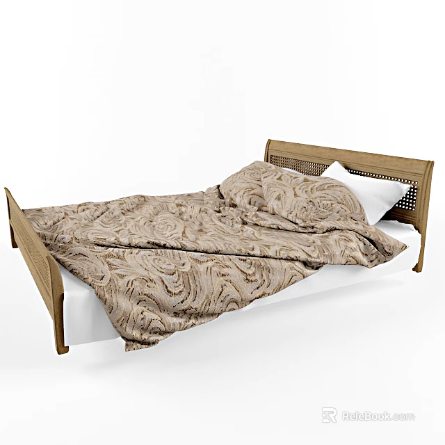 Comfortable Double Bed with Wooden Woven Headboard Patterned Quilt and White Pillow 3d model 