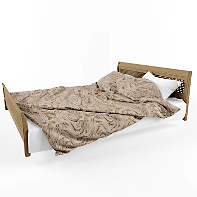 Comfortable Double Bed with Wooden Woven Headboard Patterned Quilt and White Pillow 3d model