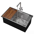Modern Stainless Steel Kitchen Sink With Wooden Cover Drying Rack And Faucet