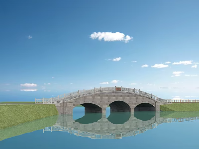 Stone Arch Bridge With Three Arches And Reflection Over Calm Water And Green Grass 3d model