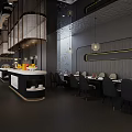Elegant Modern Restaurant Interior With Pendant Lights Bar Counter And Dining Tables