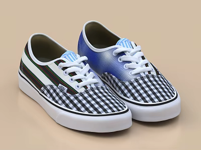 Casual Shoes With Black White Checkered Design Blue Green White Stripes White Laces And Soles 3d model