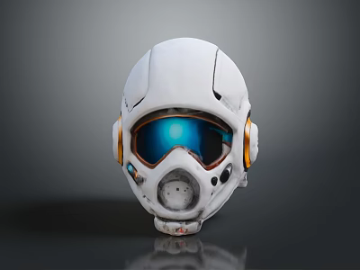 White Futuristic Weapon Helmet With Blue Visor And Orange Earmuffs 3d model