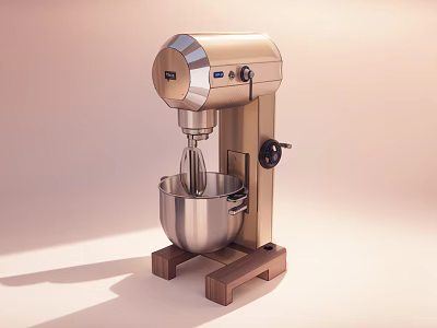 Golden Stand Mixer With Metal Mixing Bowl And Wooden Base For Modern Kitchens 3d model