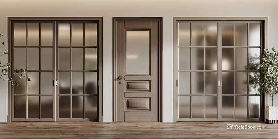 Modern Wooden Hinged Door with Glass Panel and Metal Handle in Minimalist Interior Design 3d model 