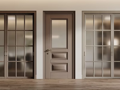 Modern Wooden Hinged Door with Glass Panel and Metal Handle in Minimalist Interior Design 3d model