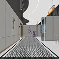 Modern Hotel Corridor Design With Geometric Floor Wall Lamps Purple Decor And Curved Ceiling Lights