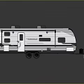 Sportsmen Towable Recreational Vehicle With White Black Striped Exterior Windows Door And Black Roof Vents