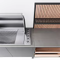 Modern Kitchen Interior With Gray Wooden Cabinets Island Range Hood Drawers And Sink