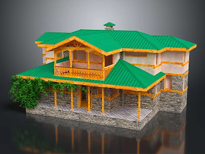 Cartoon Style House Featuring Green Roof Yellow Wooden Structure Stone Walls Balcony And Green Tree 3d model