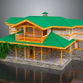 Cartoon Style House Featuring Green Roof Yellow Wooden Structure Stone Walls Balcony And Green Tree