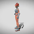 Woman in Orange and Gray Futuristic Armor With Red Hat Standing Dynamic Pose