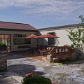 Traditional Courtyard Garden Landscape With Seating Areas Umbrellas Swing And Green Plants