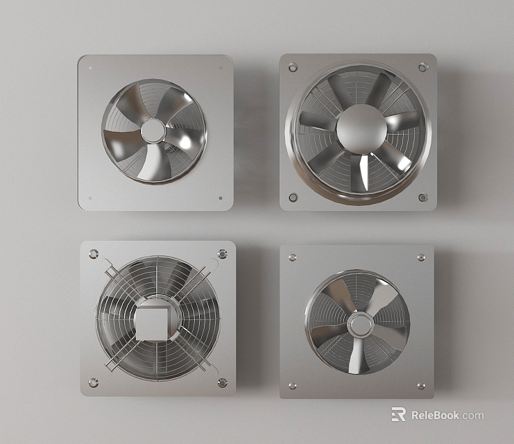 Industrial Equipment Ventilation Fans with Square Metal Frames Four Units Different Blade Designs Stainless Steel 3d model 
