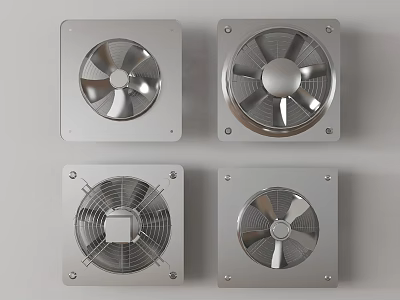 Industrial Equipment Ventilation Fans with Square Metal Frames Four Units Different Blade Designs Stainless Steel 3d model