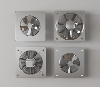 Industrial Equipment Ventilation Fans with Square Metal Frames Four Units Different Blade Designs Stainless Steel 3d model