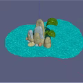 Clear Blue Water Scene With Various Smooth Rocks And Large Green Leaves