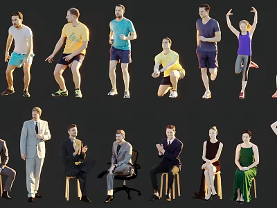 Group of People in Various Poses with Casual and Formal Outfits Standing Sitting and Kneeling 3d model