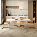 Modern White Dining Table Set With Clear Acrylic Chairs Orange Cushion And Metal Frame