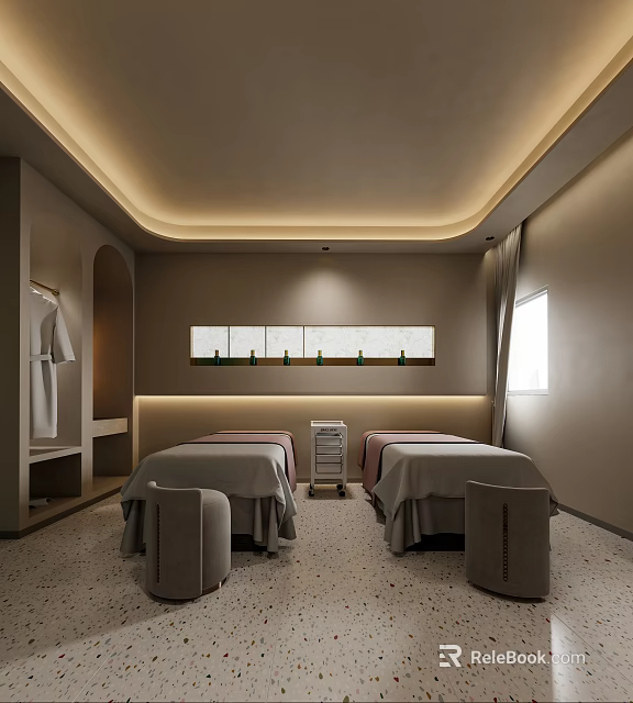 Modern Beauty Salon Treatment Room Interior Design With Beige Decor Soft Lighting And Treatment Beds 3d model 