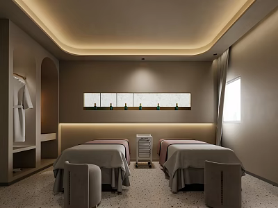 Modern Beauty Salon Treatment Room Interior Design With Beige Decor Soft Lighting And Treatment Beds 3d model