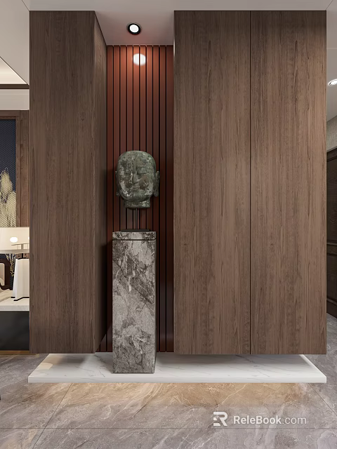 Modern Dining Living Room With Wooden Walls And Marble Pedestal Sculpture 3d model 
