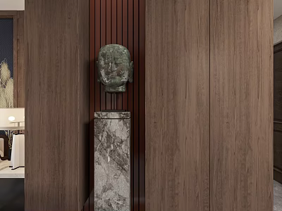 Modern Dining Living Room With Wooden Walls And Marble Pedestal Sculpture 3d model
